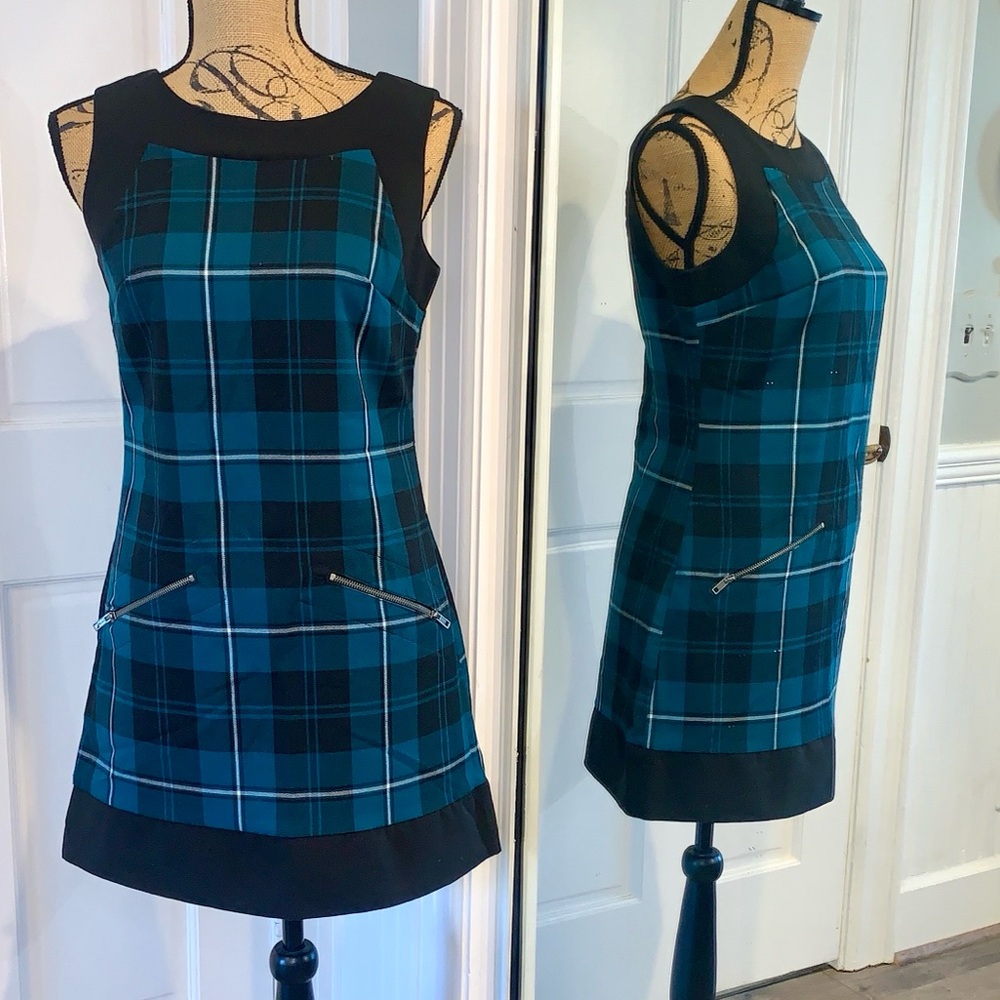 Candie's Teal Black Plaid Back Zip Jumper Shift Dress Zip Slash Pockets 5
